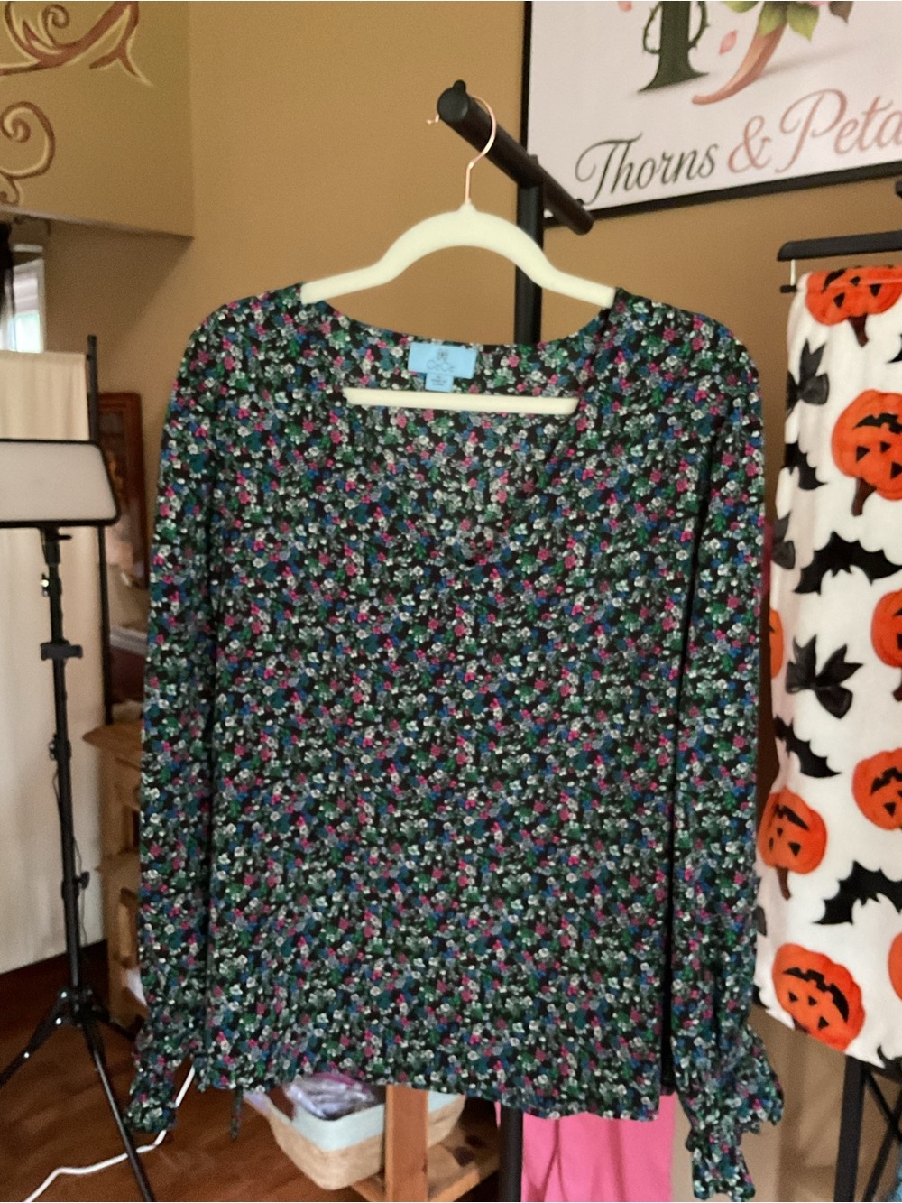 CeCe Black Floral Long-Sleeve Blouse with Pink & Green Accents